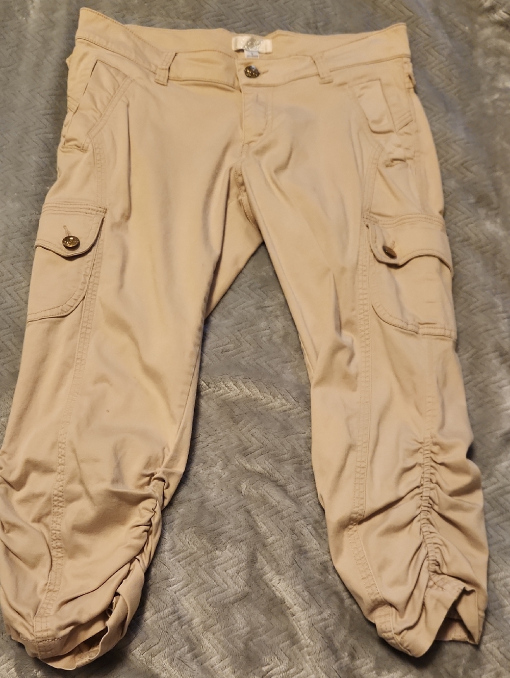 Beige Cargo Capri Pants with Ruched Ankles